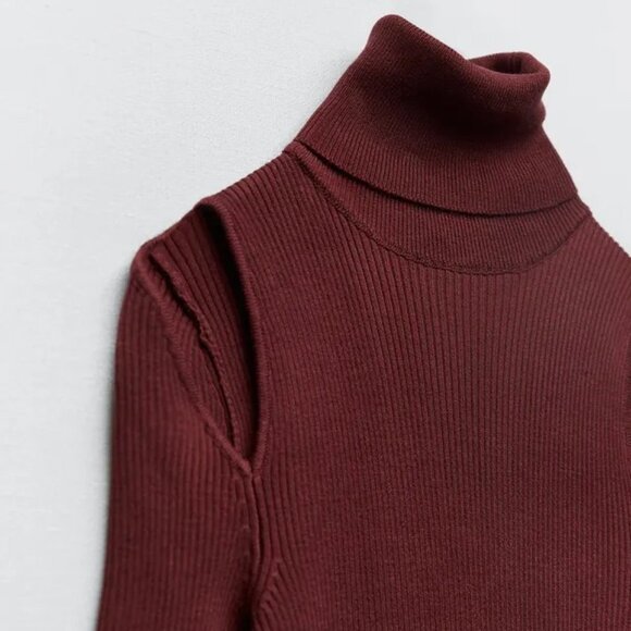 New Zara Women's CUT OUT SHOULDER SKATER DRESS DARK BORDEAUX - Picture 10 of 11